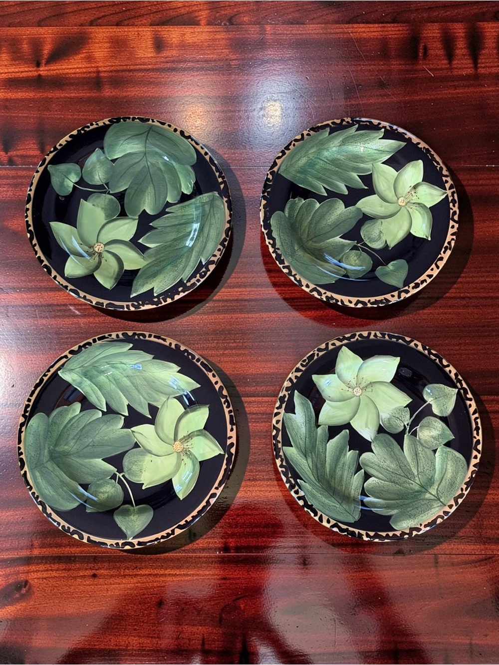 Laurie Gates EUC Hand-Painted Botanical Dinner Plates - Black & Green (Set of 4)